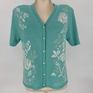 Vintage Cottagecore Cardigan‎ Knit Women's Size Medium Grandma Turquoise Floral